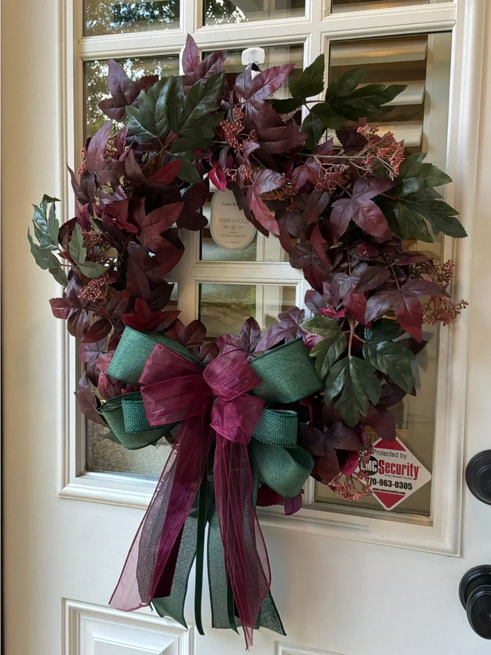 Burgundy & Green Leaf Holiday Wreath with Layered Bow